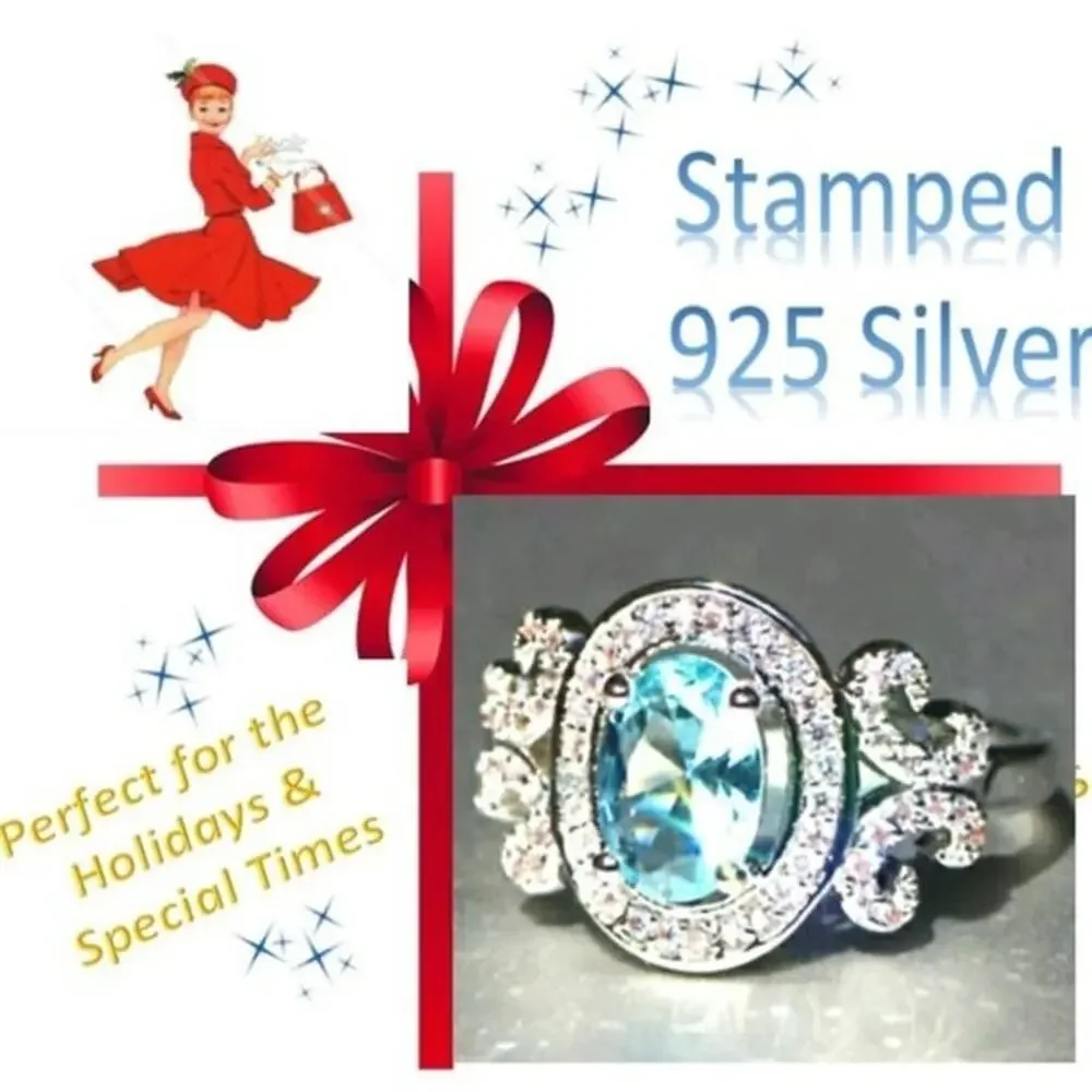 Stunning Cocktail Ring 925 Sz 8 Simulated Blue Aquamarine Diamonds Luxe Costume